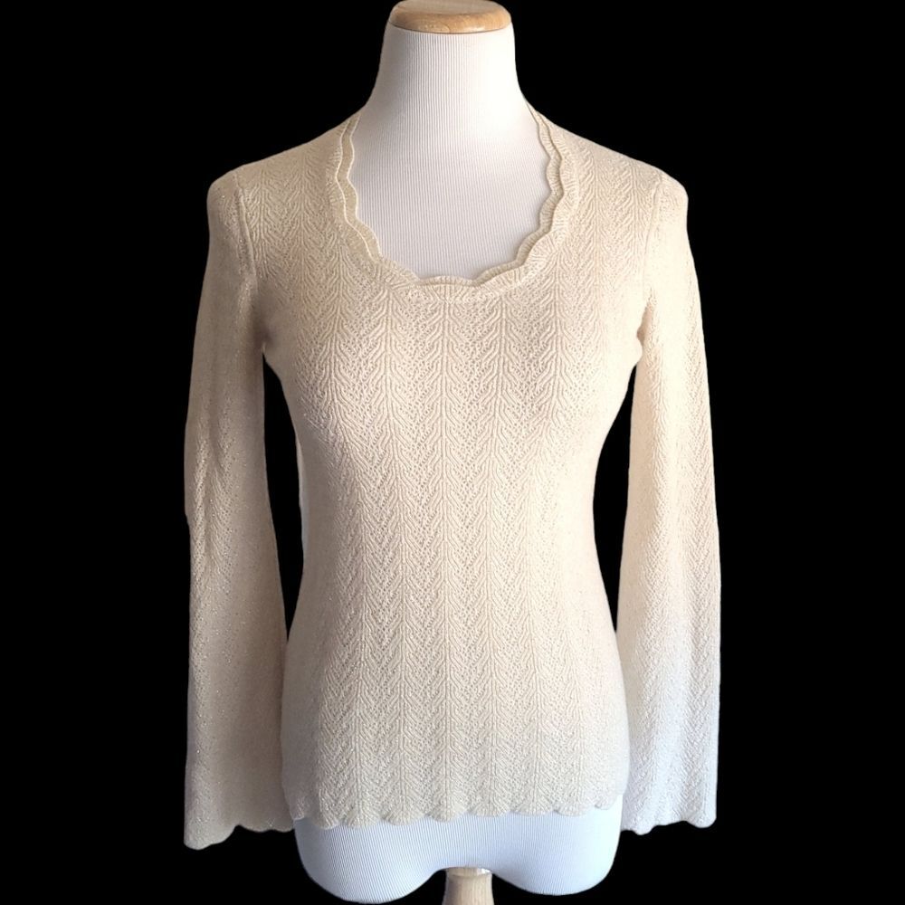 Ann Taylor Cream Gold Sparkle Scallop Cashmere Sweater Womens Small